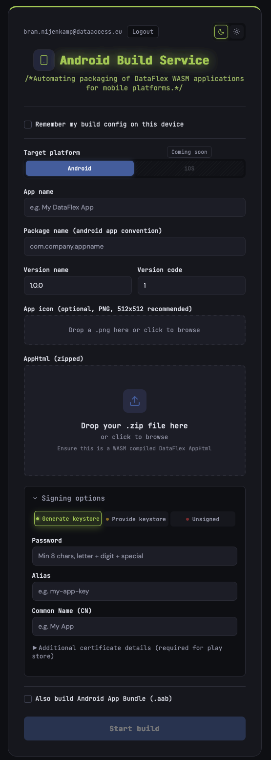 Android Build Service form: Target platform with Android selected and iOS marked Coming soon, App name, Package name, Version name and code, App icon upload, AppHtml (zipped) drop zone, Signing options, and the Start build button