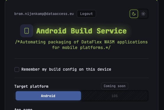 Android Build Service form header with the "Remember my build config on this device" checkbox and the Target platform selector showing Android selected and iOS greyed out with a Coming soon badge