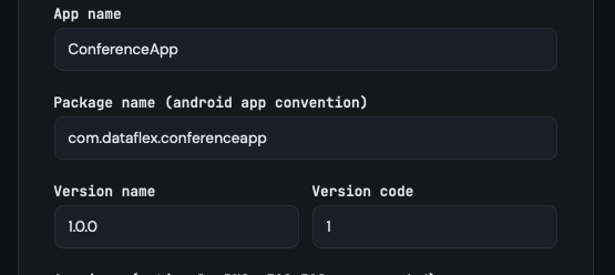 App identity fields filled in: App name ConferenceApp, Package name com.dataflex.conferenceapp, Version name 1.0.0, Version code 1