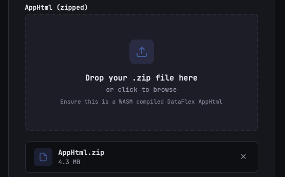 AppHtml (zipped) drop zone with AppHtml.zip attached, listed at 4.3 MB with a remove button