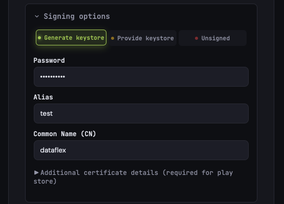 Signing options with Generate keystore selected and Password, Alias "test", and Common Name (CN) "dataflex" filled in, above Additional certificate details