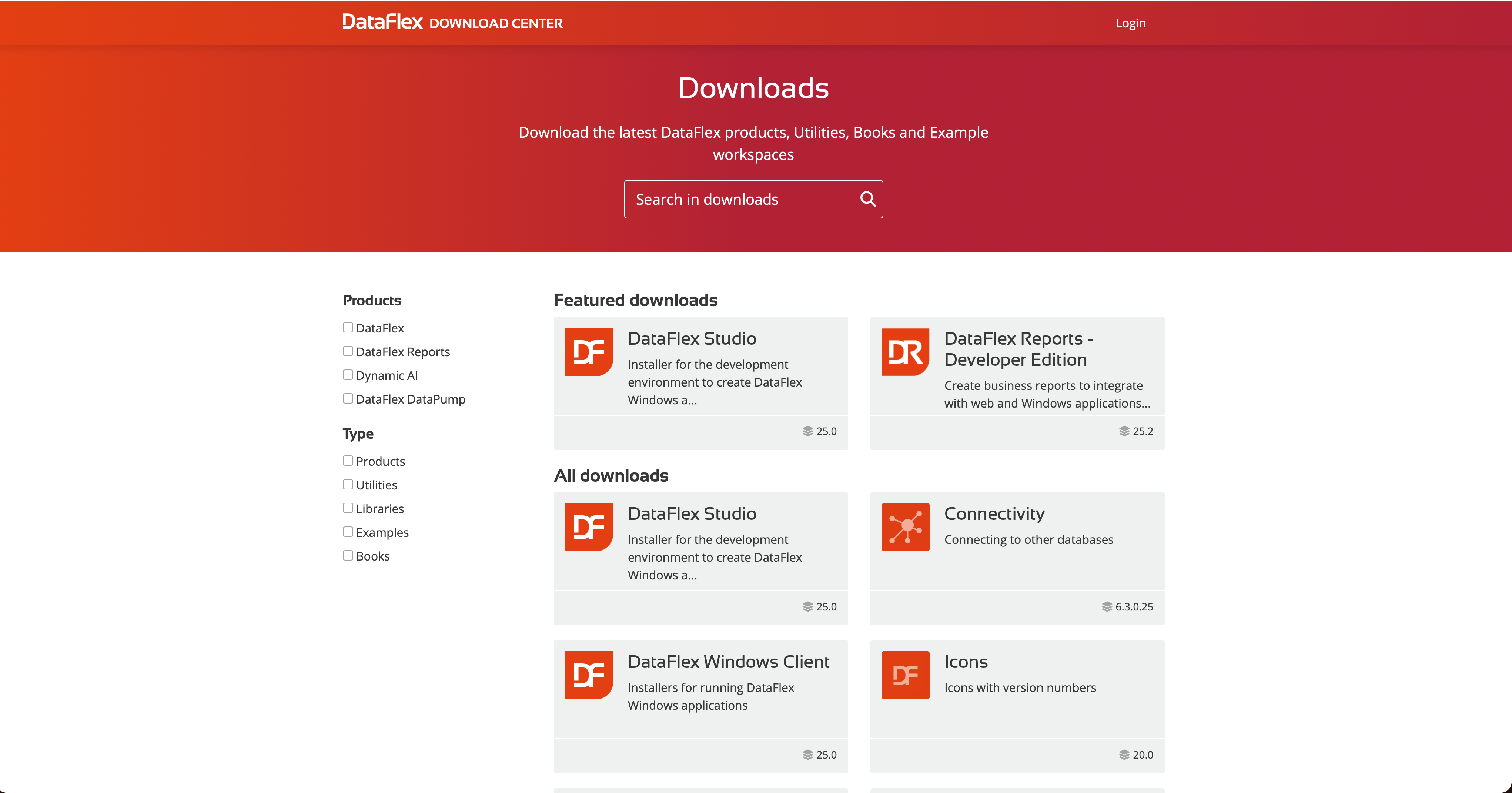 DataFlex Download Center home page showing the DataFlex Studio download