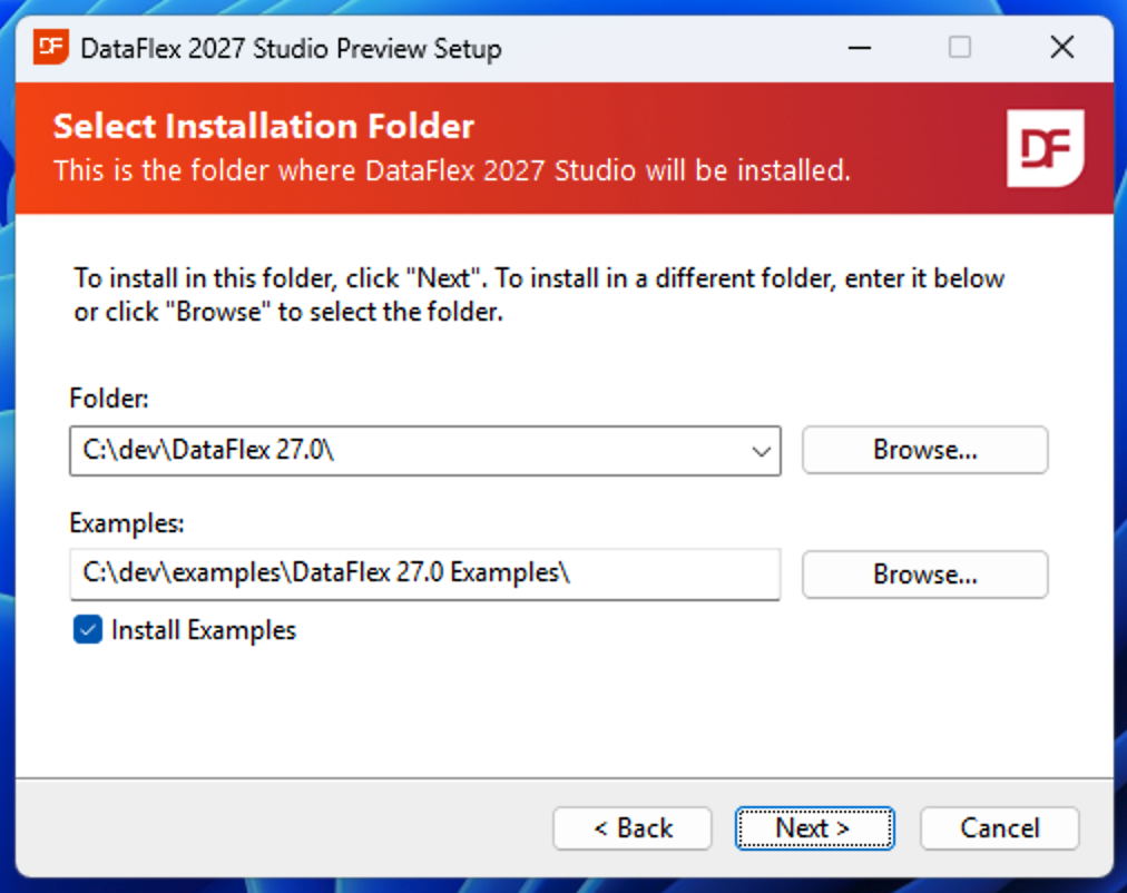 Select Installation Folder screen with install and examples paths under C:\dev