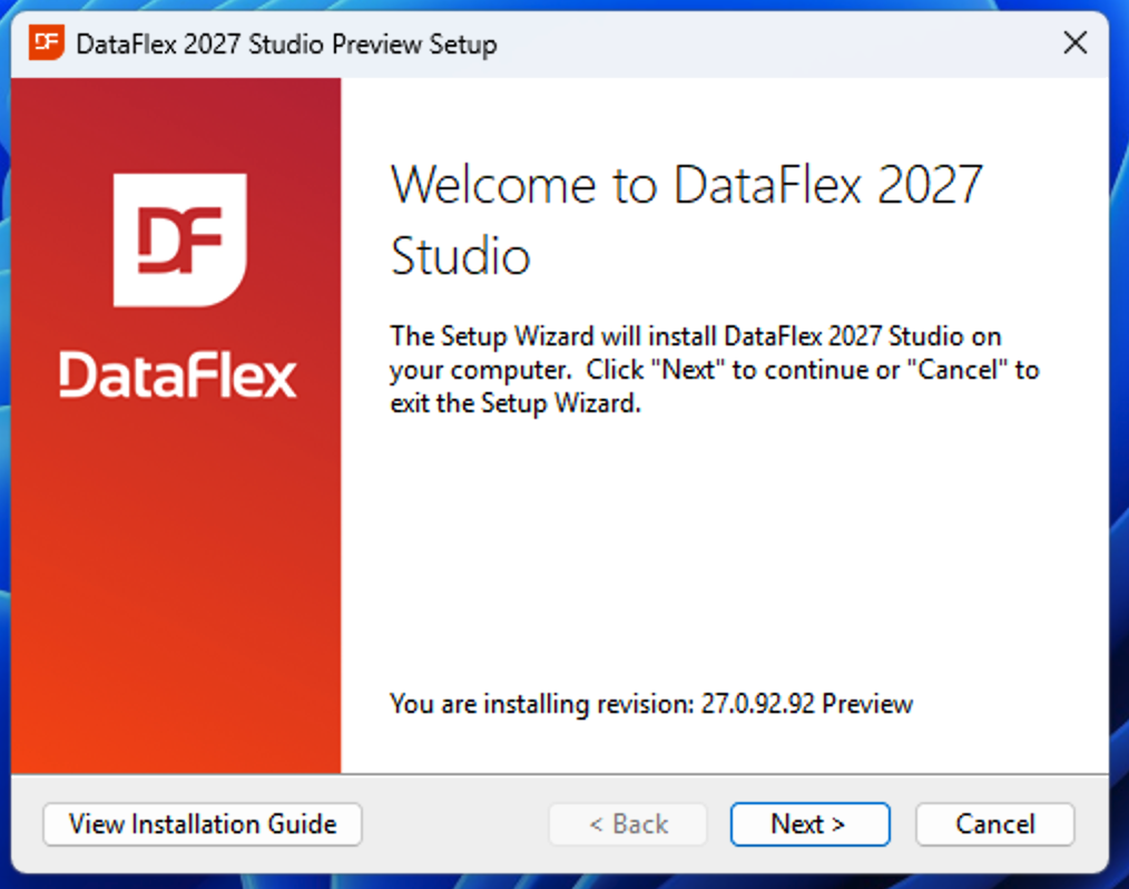 DataFlex 2027 Studio Setup Wizard welcome screen