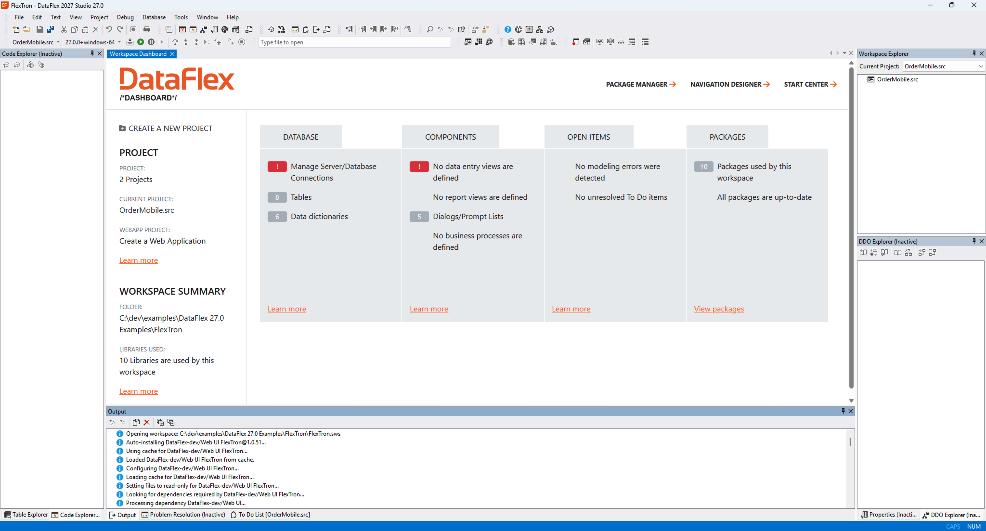 DataFlex 2027 Studio Workspace Dashboard with the Output panel resolving package dependencies