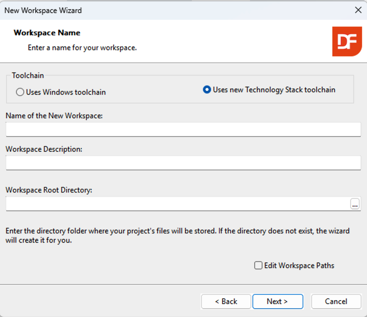 New Workspace Wizard on the Workspace Name step with "Uses new Technology Stack toolchain" selected