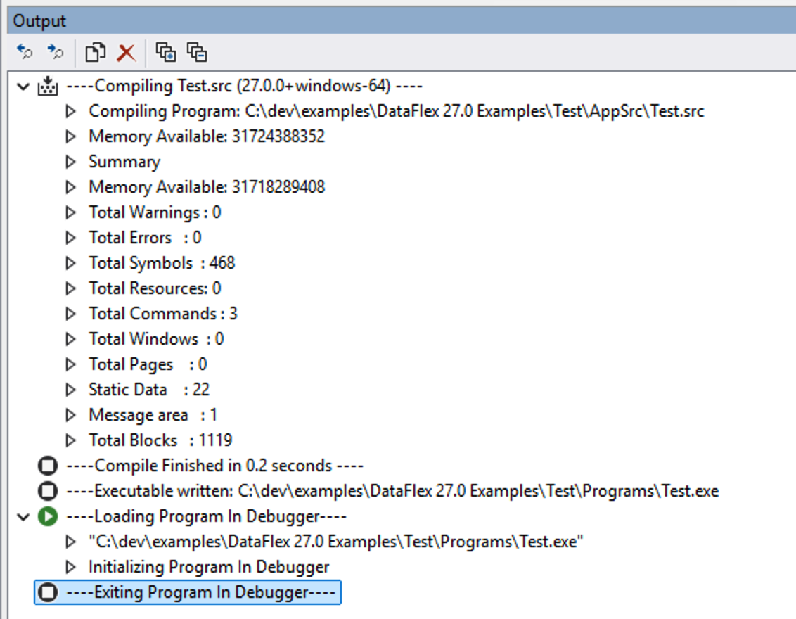Studio Output panel showing compilation with the 27.0.0+windows-64 toolchain, the executable path, and the debugger execution path