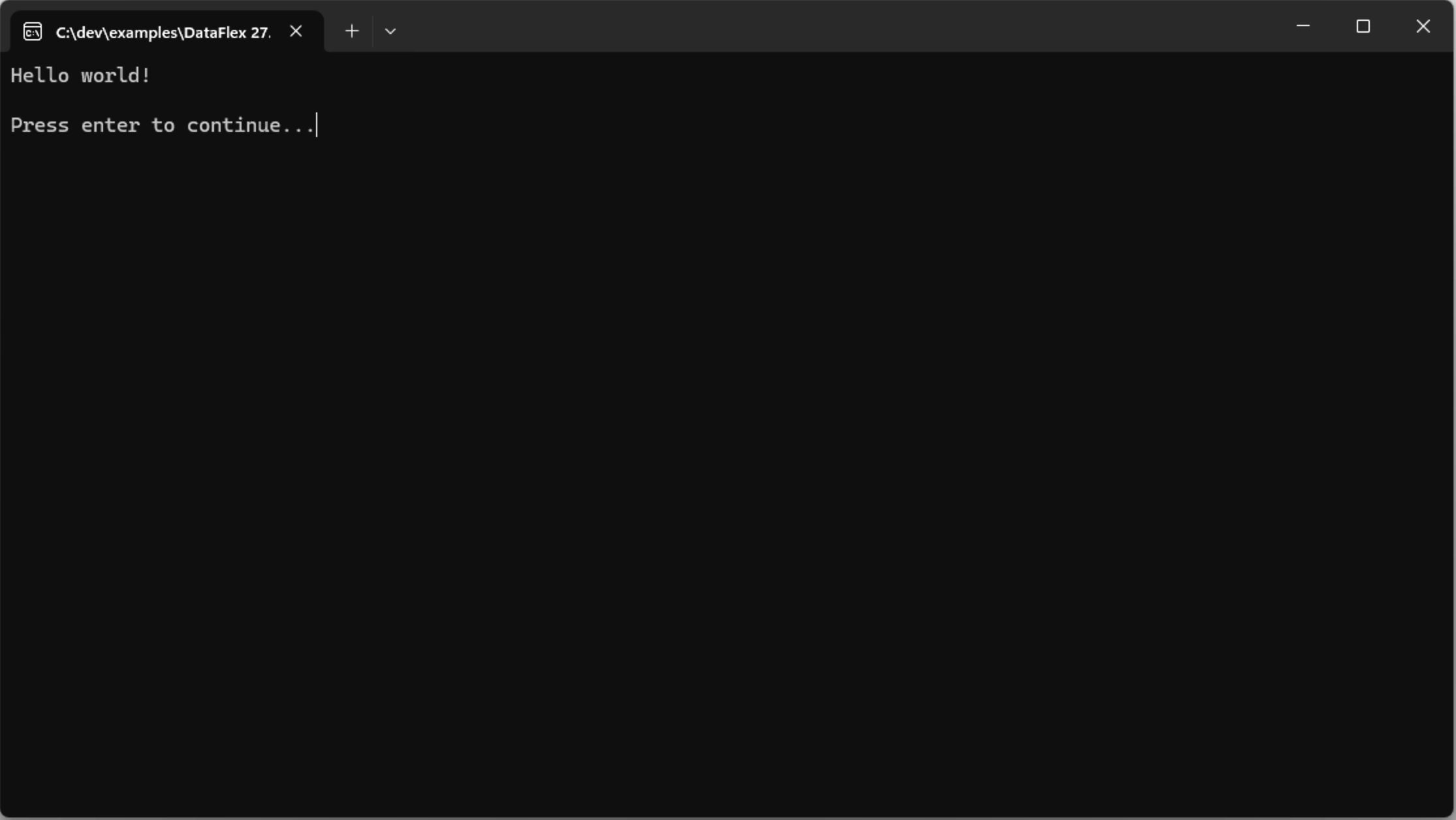 TechStack native-64 application running in a command prompt, printing "Hello world!" and "Press enter to continue..."