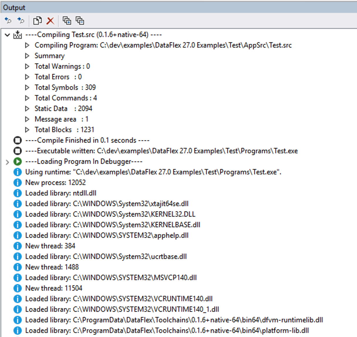 Studio Output panel for the native-64 run, listing loaded libraries including dfvm-runtimelib.dll and platform-lib.dll from the toolchain directory