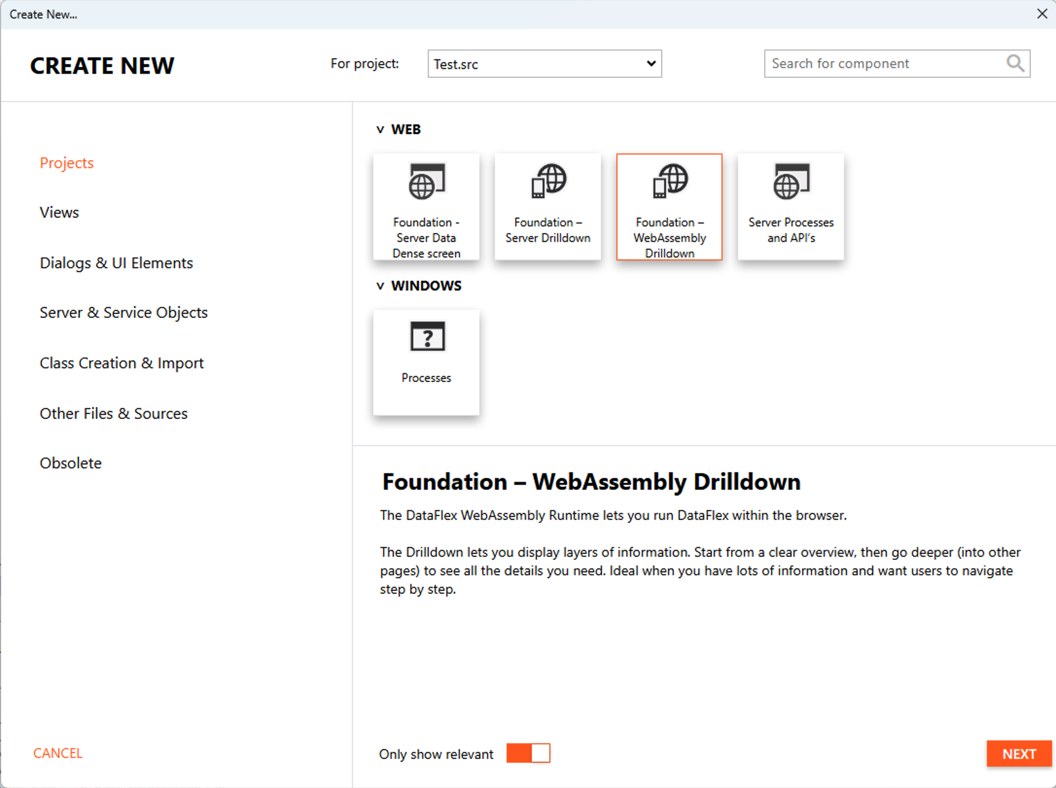 Create New dialog with the Foundation – WebAssembly Drilldown template selected under the WEB category