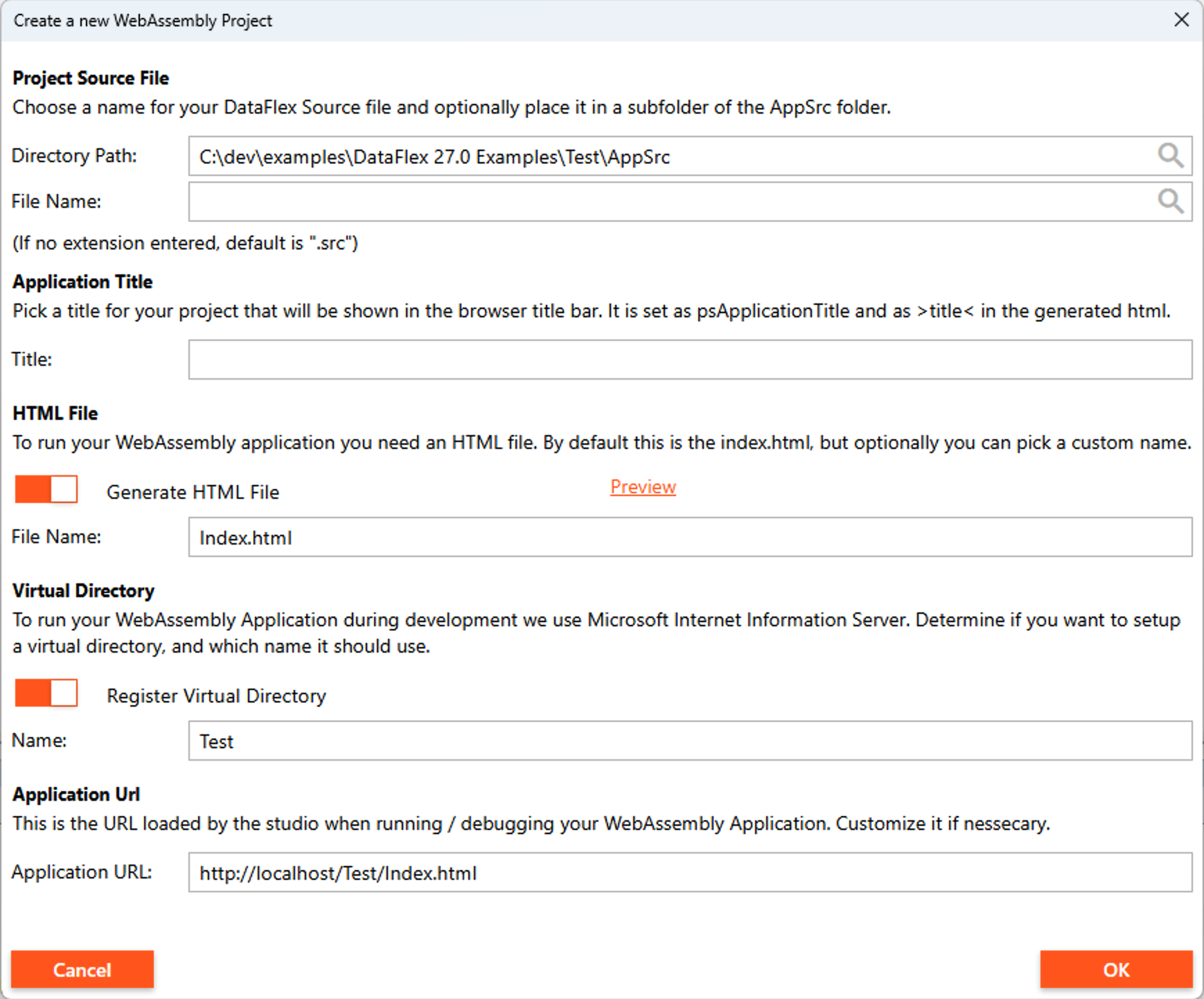 Create a new WebAssembly Project wizard showing Project Source File, Application Title, HTML File, Virtual Directory, and Application URL options