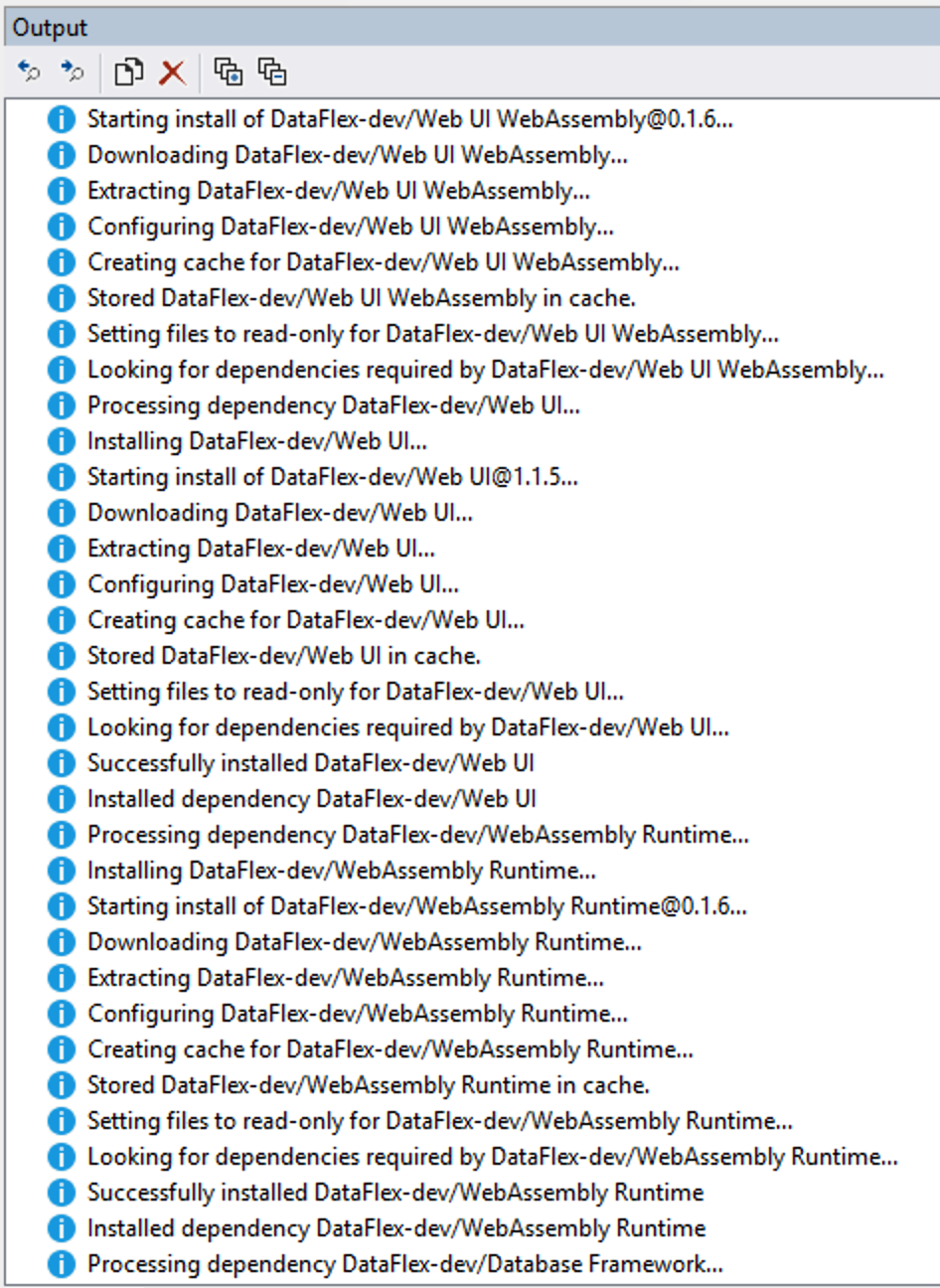 Output panel showing the package manager installing DataFlex-dev/Web UI WebAssembly, Web UI, and WebAssembly Runtime packages