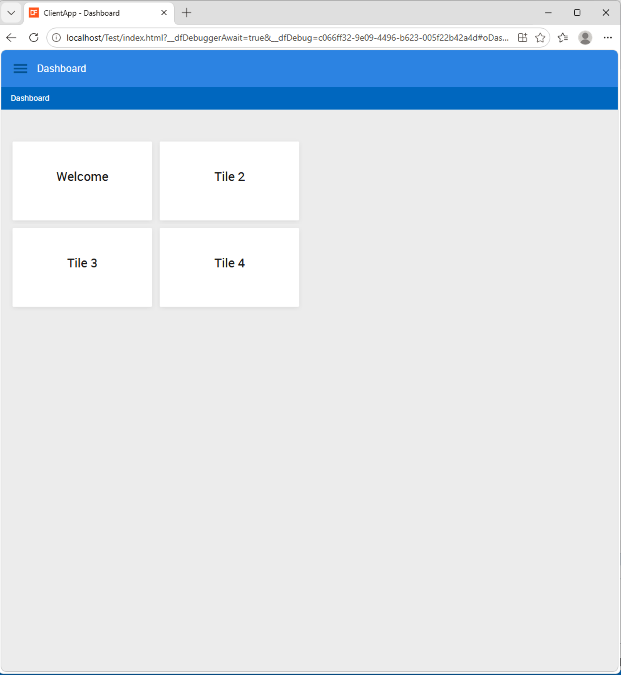 WebAppClient drilldown application running in the browser, showing a Dashboard with Welcome, Tile 2, Tile 3, and Tile 4 tiles