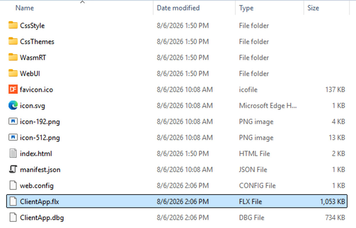 AppHtml directory listing showing the WasmRT runtime folder, index.html, web.config, and the ClientApp.flx application file