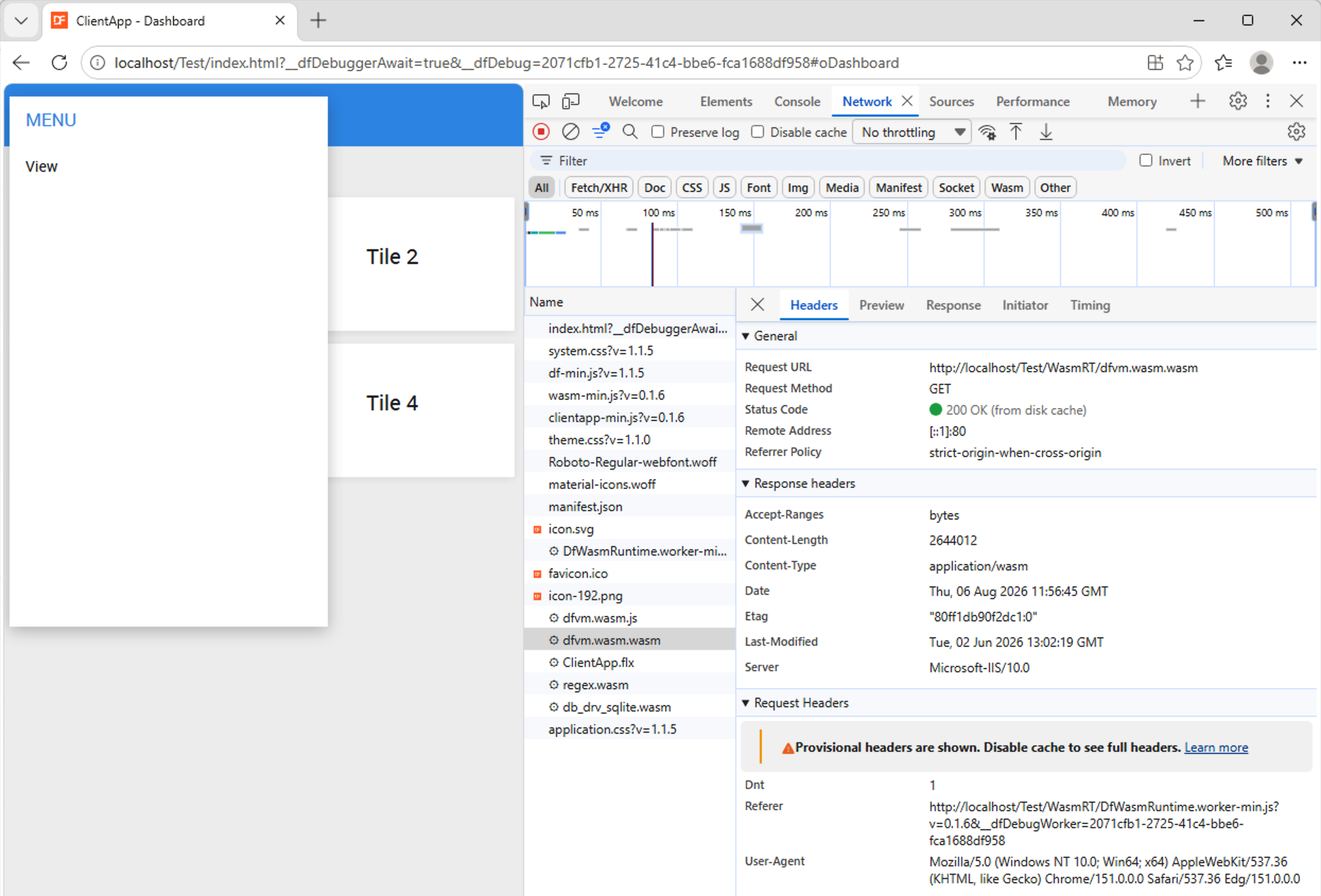 Browser developer tools Network tab showing the DataFlex runtime .js and .wasm files, ClientApp.flx, and the dfvm.wasm request served 200 OK (from disk cache)