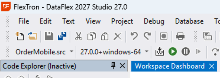 DataFlex Studio toolbar showing the project and toolchain selector set to 27.0.0+windows-64