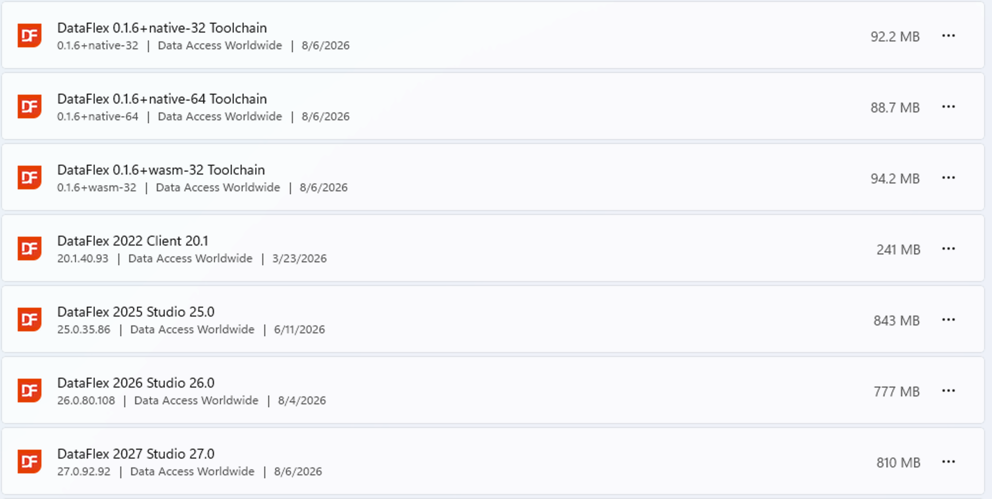Windows installed-apps list showing DataFlex 0.1.6 native-32, native-64, and wasm-32 toolchain entries alongside DataFlex Windows Studio versions